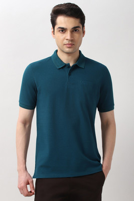 PETER ENGLAND Solid Men Polo Neck Blue T-Shirt