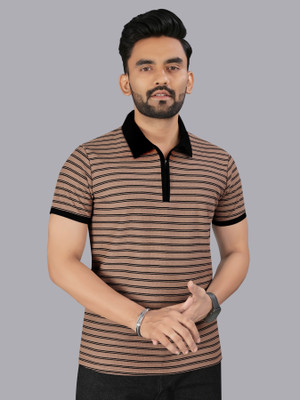 FTX Striped Men Zip Neck Brown T-Shirt