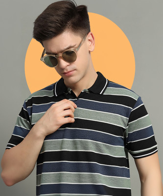 GETGOLF Striped Men Polo Neck Black, Grey, Dark Blue T-Shirt