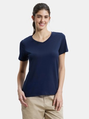 JOCKEY Solid Women V Neck Navy Blue T-Shirt