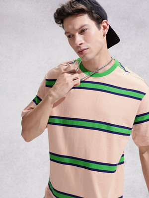 WROGN Striped Men Round Neck Orange T-Shirt