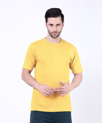 JazzyFashion Solid Men Round Neck Yellow T-Shirt