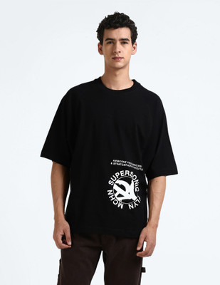 FLYING MACHINE Printed, Typography Men Round Neck Black T-Shirt