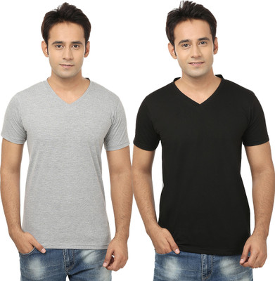 Tresna Trending Self Design, Solid Men V Neck Black, Grey T-Shirt