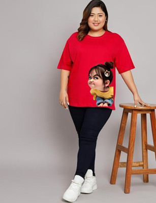 Gujjuunicorns Cartoon Women Round Neck Red T-Shirt
