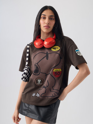 The Souled Store Graphic Print Women Round Neck Brown T-Shirt