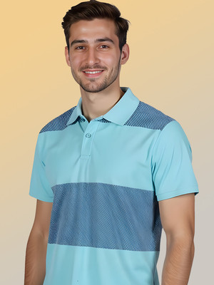 SINDHIGARMENT Striped Men Polo Neck Light Blue T-Shirt