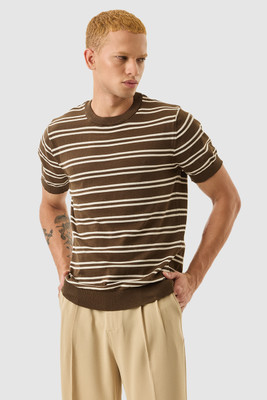 Snitch Striped Men Crew Neck Brown T-Shirt