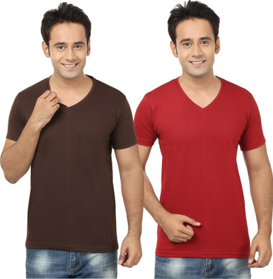 Tresna Trending Self Design, Solid Men V Neck Red, Brown T-Shirt
