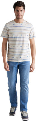 Celio Striped Men Round Neck Silver T-Shirt
