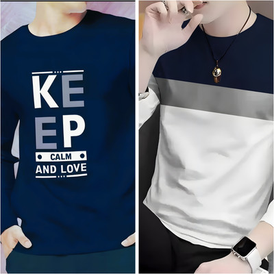 Meetri Colorblock Men Round Neck Navy Blue, White T-Shirt