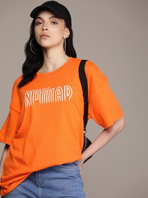 Roadster Printed Women Round Neck Orange T-Shirt