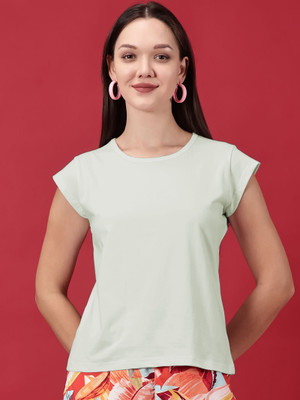 Novia Solid Women Round Neck Light Green T-Shirt