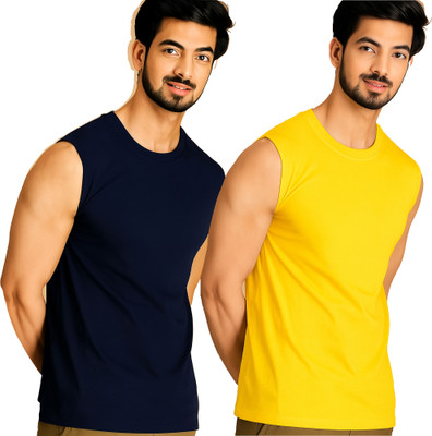 Jangoboy Solid Men Round Neck Dark Blue, Yellow T-Shirt