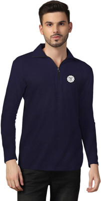 GEUM Solid Men Zip Neck Dark Blue T-Shirt