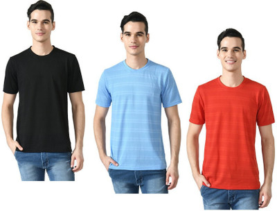 Kavvya Striped Men Round Neck Red, Blue, Black T-Shirt