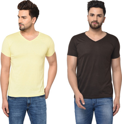 Adorbs Trend Solid Men V Neck Beige, Brown T-Shirt