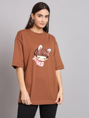 Stockton Printed Women Round Neck Brown T-Shirt