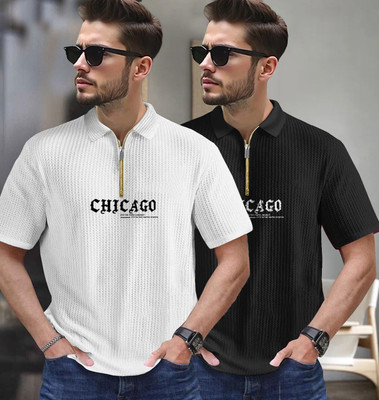 FastColors Self Design Men Zip Neck Black, White T-Shirt