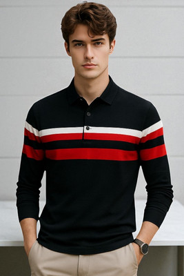 FAOES Striped Men Polo Neck Black T-Shirt