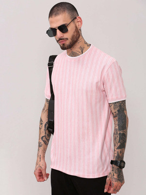 SHOWOFFFF Striped Men Round Neck Pink T-Shirt