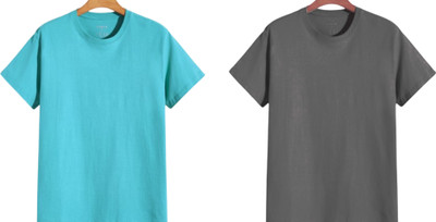 TTFE Solid, Self Design Men Round Neck Light Blue, Grey T-Shirt