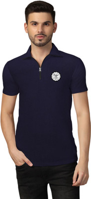 Lawful Casual Printed Men Polo Neck Navy Blue T-Shirt