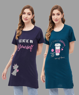 Christy World Typography, Striped Women Round Neck Dark Blue, Blue T-Shirt
