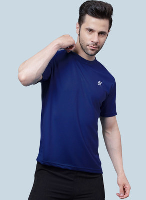 Menino Solid Men Round Neck Navy Blue T-Shirt