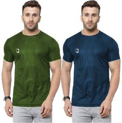 CRAVVEN Solid Men Round Neck Dark Blue, Green T-Shirt
