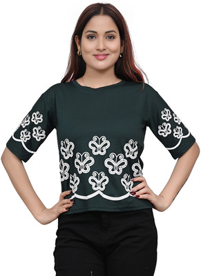 Yunic29 Casual Embroidered Women Dark Green Top
