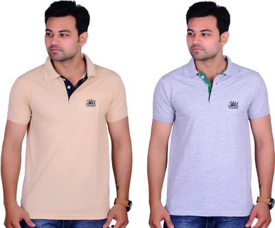 La Milano Solid Men Polo Neck Beige, Purple T-Shirt