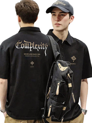 Jump Cuts Printed Men Polo Neck Black T-Shirt