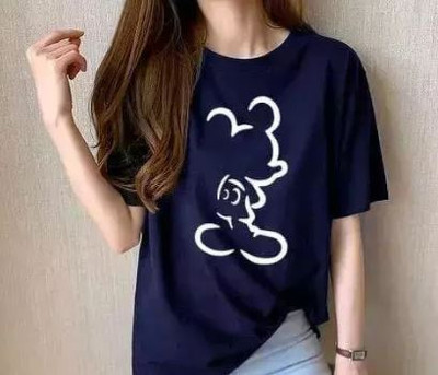 PRINTONLINE Printed Women Round Neck Navy Blue T-Shirt