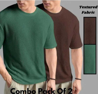 BOOM BAAM Solid Men Round Neck Brown, Green T-Shirt
