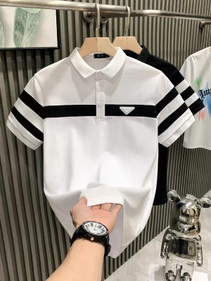 Conflictsales Striped Men Polo Neck White T-Shirt