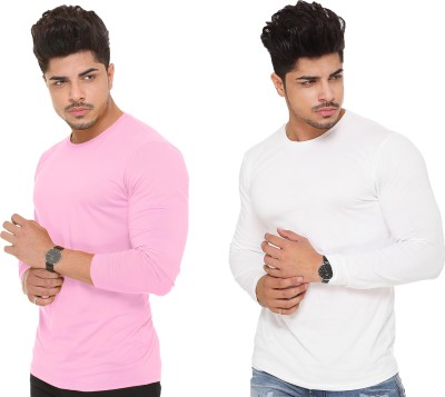 t-hustler Solid Men Round Neck White, Pink T-Shirt