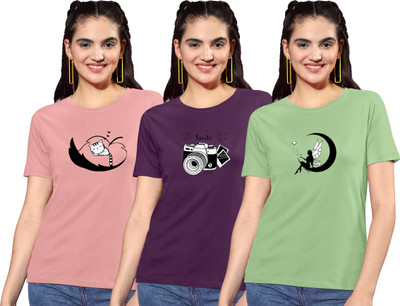 ZentWorld Graphic Print Women Round Neck Beige, Black, Light Green T-Shirt