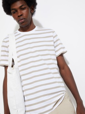 MAX Striped Men Round Neck Beige T-Shirt