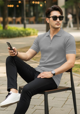DSV ENTERPRISES Self Design Men Polo Neck Grey T-Shirt