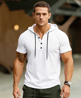 HouseOfCommon Solid Men Hooded Neck Reversible White T-Shirt