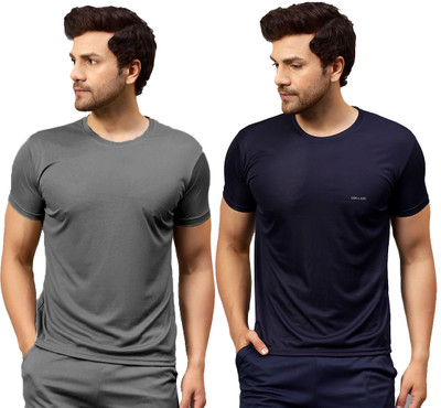 UDI n ADI Solid Men Round Neck Grey, Dark Blue T-Shirt