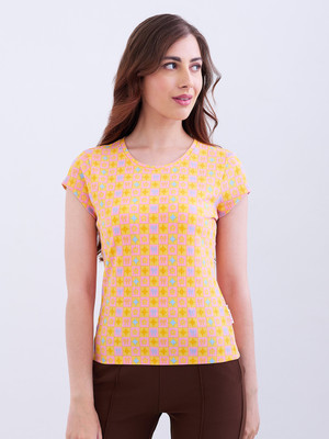 Spykar Printed Women Round Neck Yellow T-Shirt