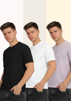 CARLO MAGNO Solid Couple Round Neck Black, Purple, White T-Shirt