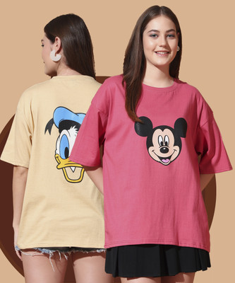 DreamBe Printed Women Round Neck Pink, Yellow T-Shirt