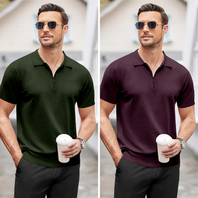 NTIFIC Solid Men Polo Neck Dark Green, Purple T-Shirt