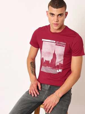 LEE Printed, Typography Men Round Neck Red T-Shirt