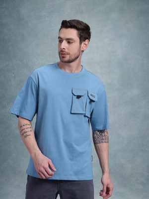 Roadster Solid Men Round Neck Blue T-Shirt
