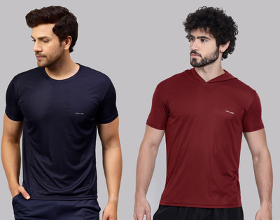 UDI n ADI Solid Men Round Neck Navy Blue, Maroon T-Shirt