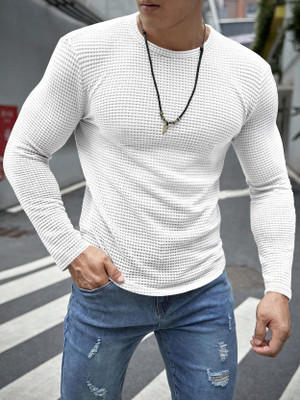 EyeBogler Self Design Men Round Neck White T-Shirt
